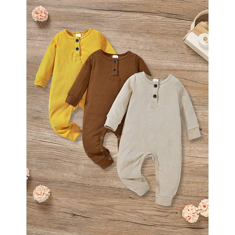3-Pack Newborn Infants Baby Boys & Girls Long Sleeve Ribbed Romper Soft Button Front Jumpsuit