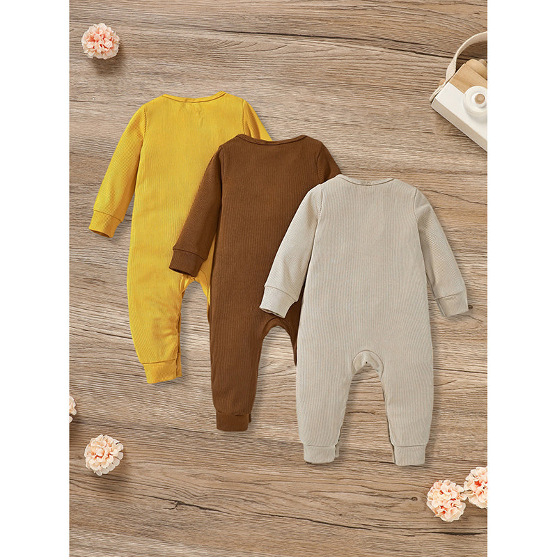 3-Pack Newborn Infants Baby Boys & Girls Long Sleeve Ribbed Romper Soft Button Front Jumpsuit