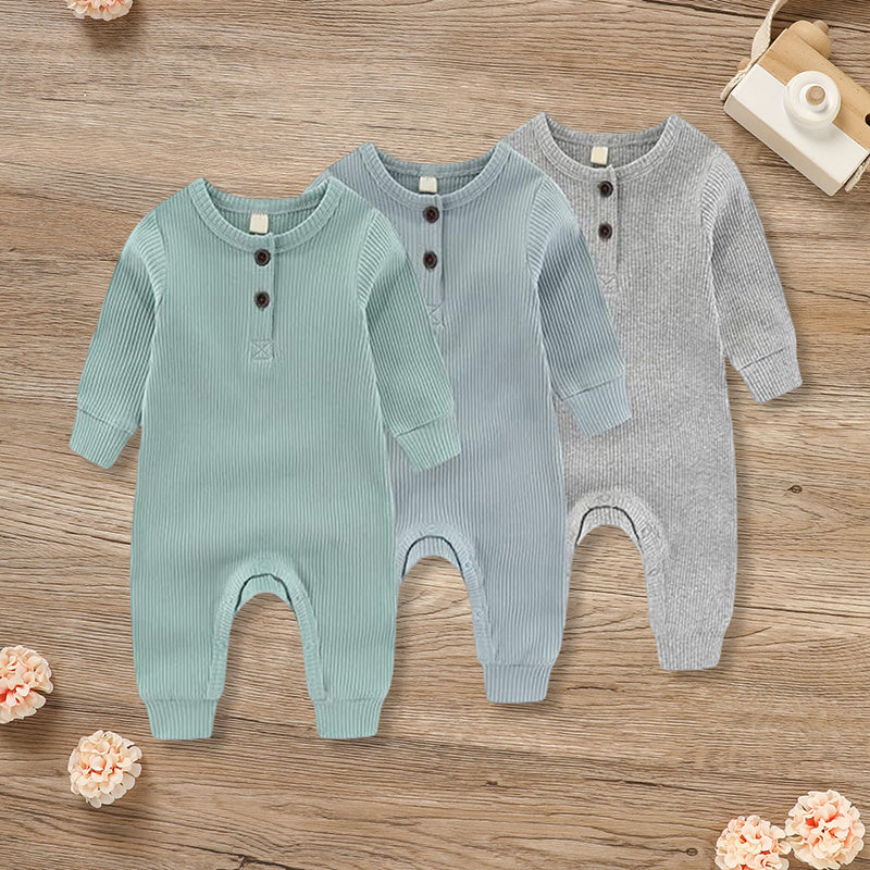3-Pack Newborn Infants Baby Boys & Girls Long Sleeve Ribbed Romper Soft Button Front Jumpsuit