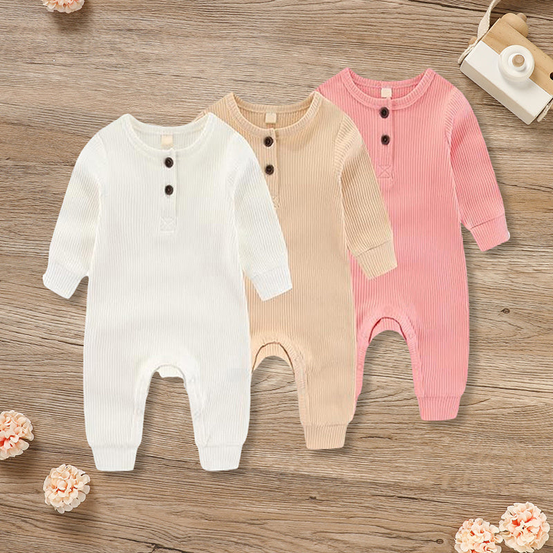 3-Pack Newborn Infants Baby Boys & Girls Long Sleeve Ribbed Romper Soft Button Front Jumpsuit