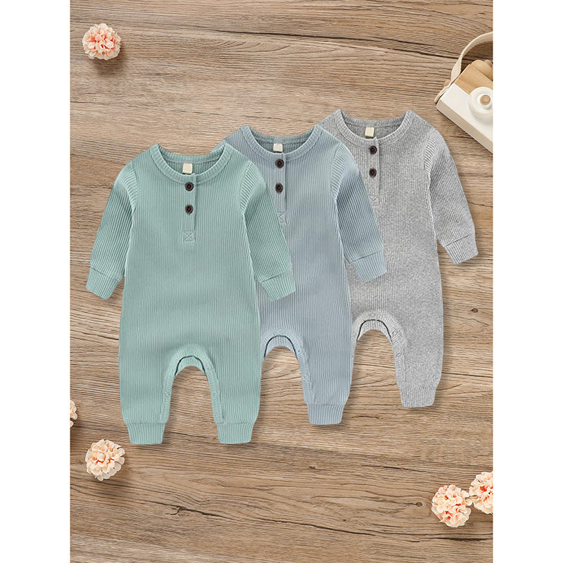 3-Pack Newborn Infants Baby Boys & Girls Long Sleeve Ribbed Romper Soft Button Front Jumpsuit