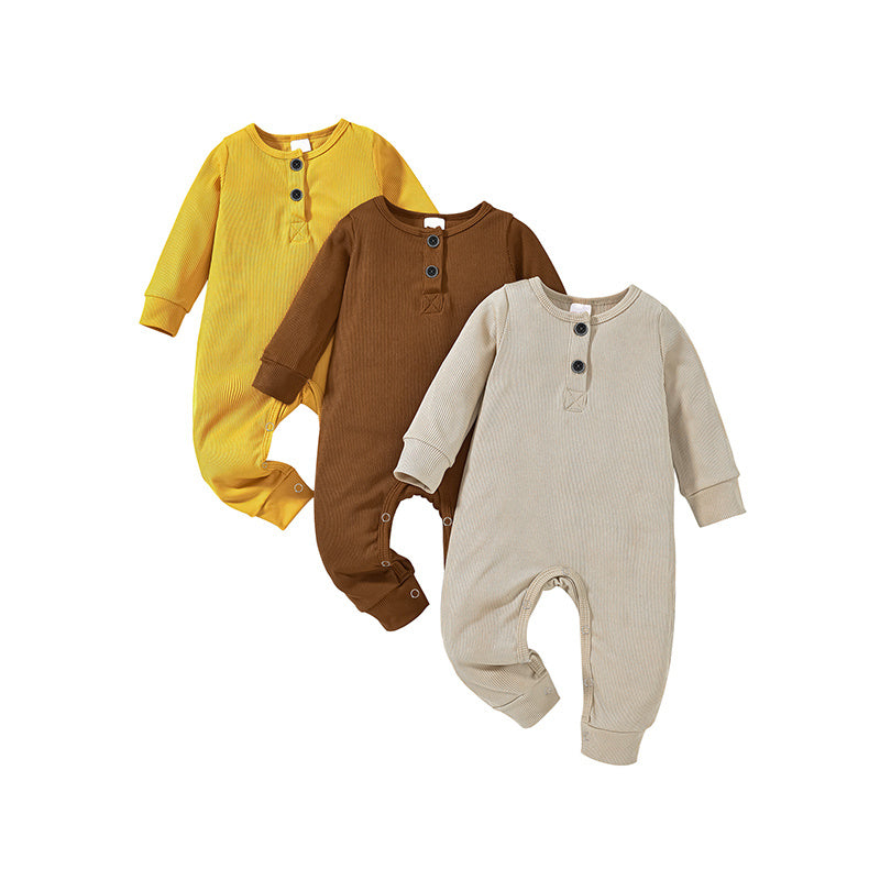 3-Pack Newborn Infants Baby Boys & Girls Long Sleeve Ribbed Romper Soft Button Front Jumpsuit