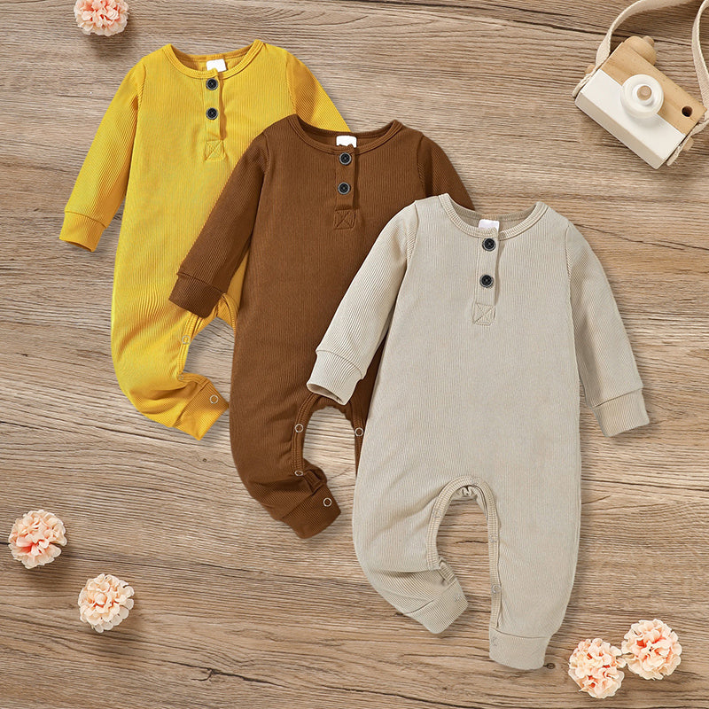 3-Pack Newborn Infants Baby Boys & Girls Long Sleeve Ribbed Romper Soft Button Front Jumpsuit